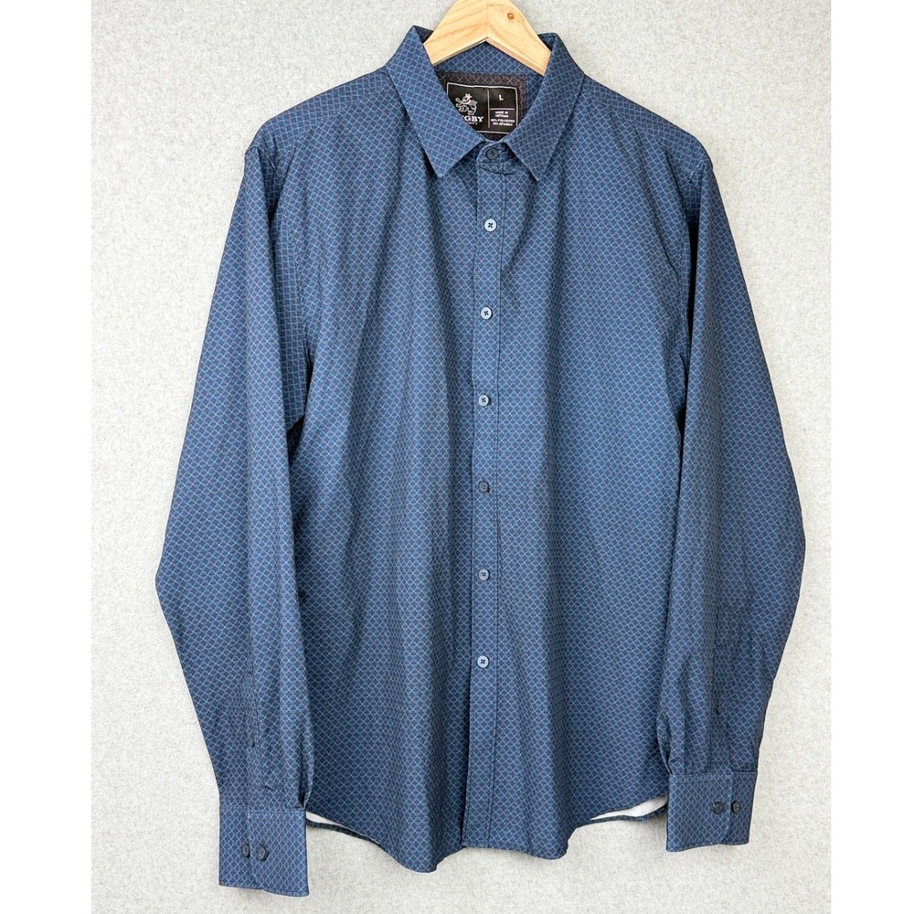Rugby University Shirt Mens L Blue Stretch Geometric Long Sleeve Button-Down